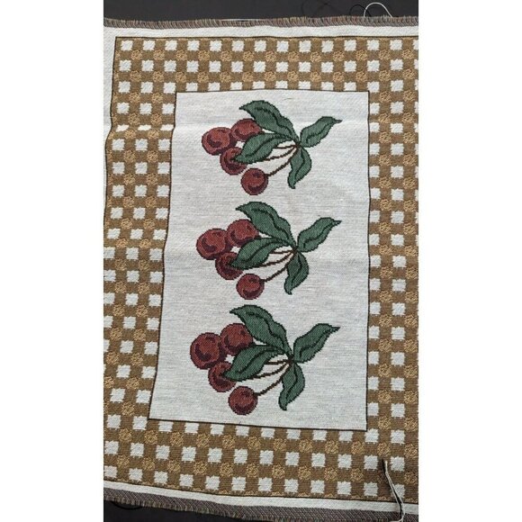 Vintage Cherry Pattern Checkerboard Woven Tapestry fabric panel set of 2 - Picture 3 of 6